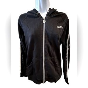 BCBG Hooded Zippered Sweatshirt Lack With White Trim and Bling Logo Size Large